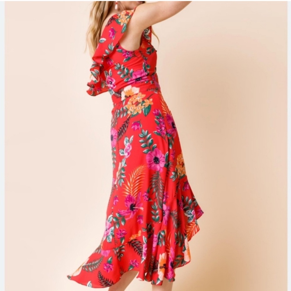 Mi Ami Red Floral One Shoulder Ruffled High Low Dress - Picture 2 of 9